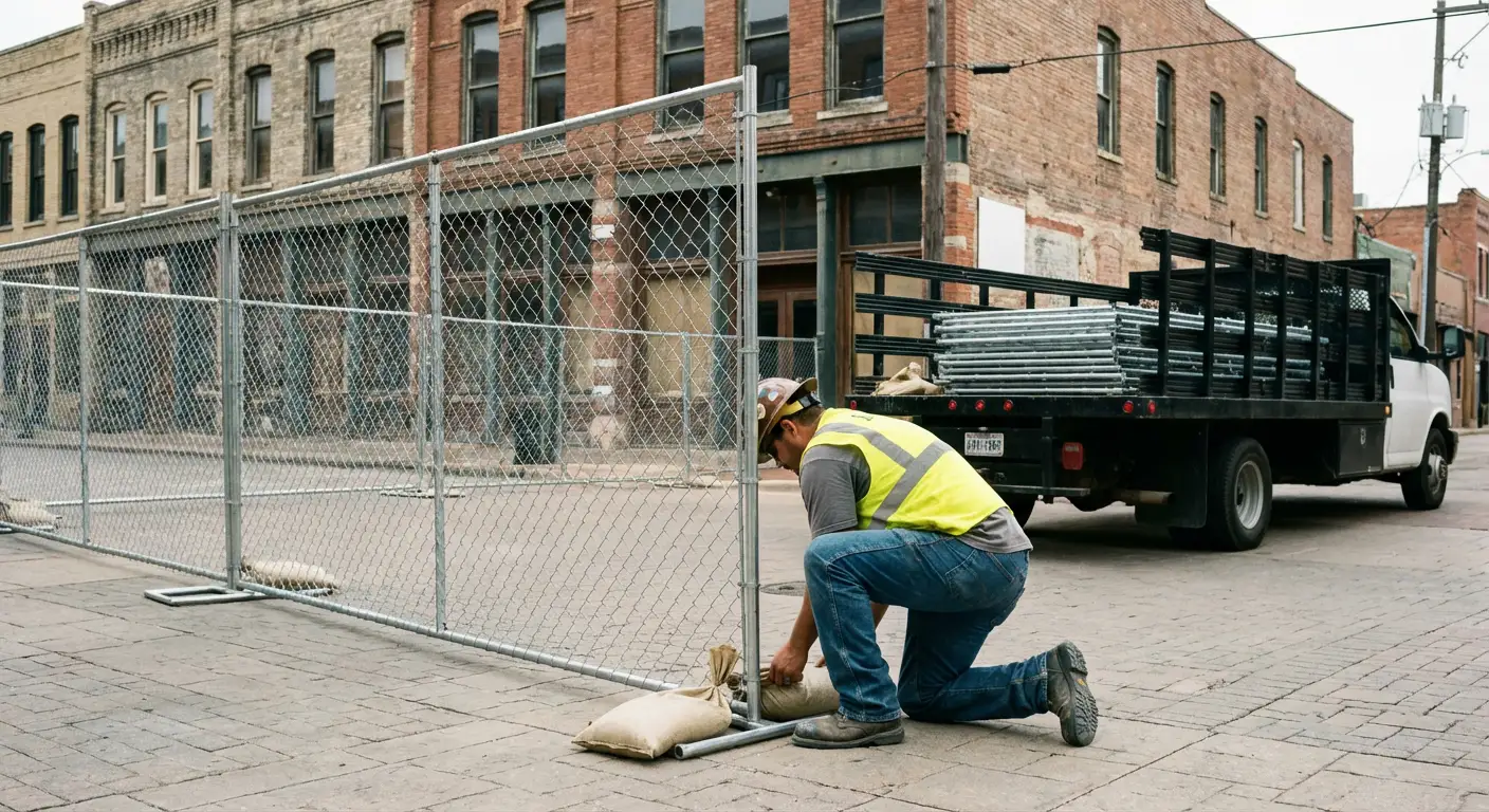 Temporary fence installation in San Jacinto urban environment