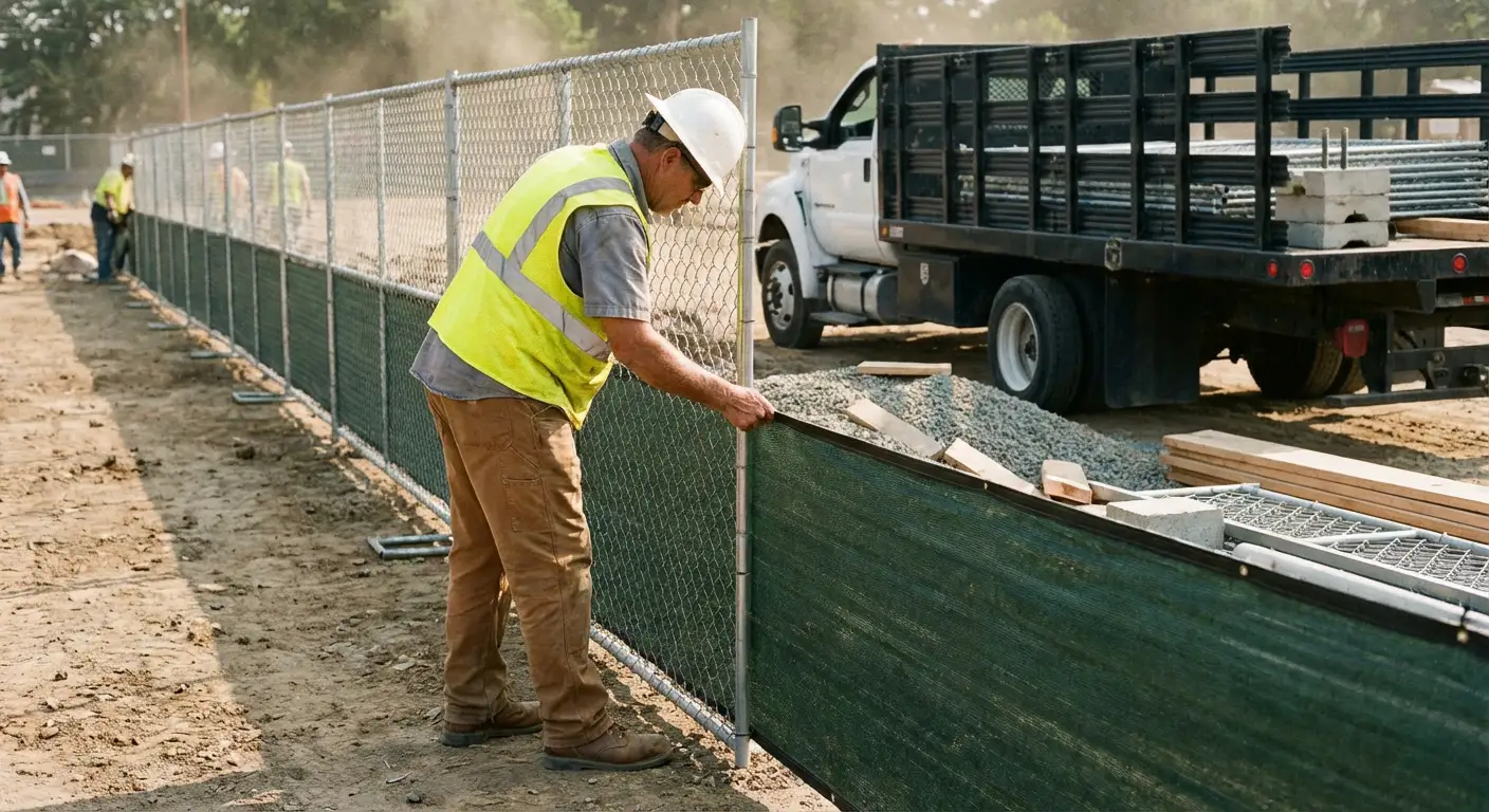 Privacy windscreen installation on construction fence in San Jacinto, CA